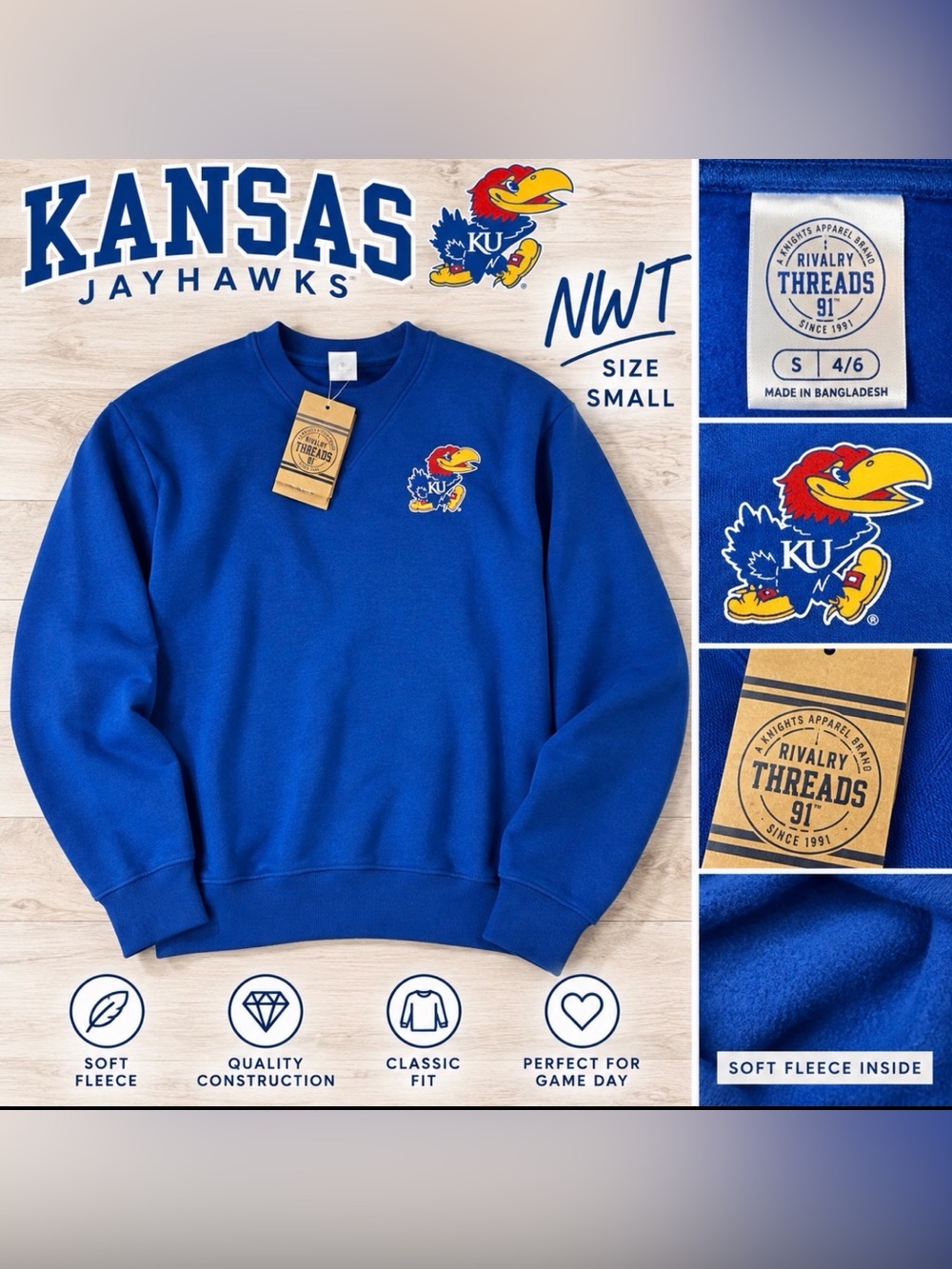 Kansas Jayhawks Women’s Fleece Crewneck Sweatshirt – Size Small – NWT